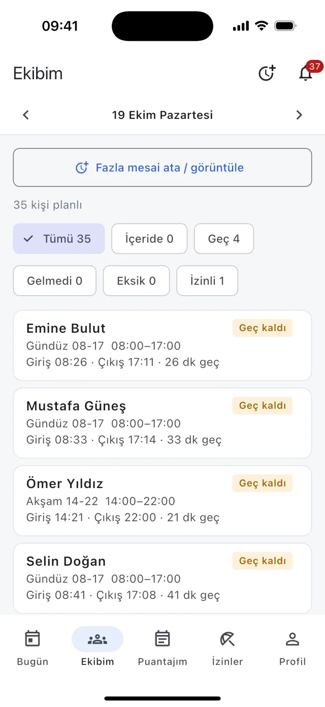 Mobil uygulamada amirin Ekibim ekranı: geç kalan personel listesi