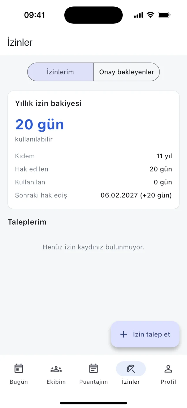 Mobil uygulama İzinler ekranı: yıllık izin bakiyesi, kıdem ve izin talebi düğmesi