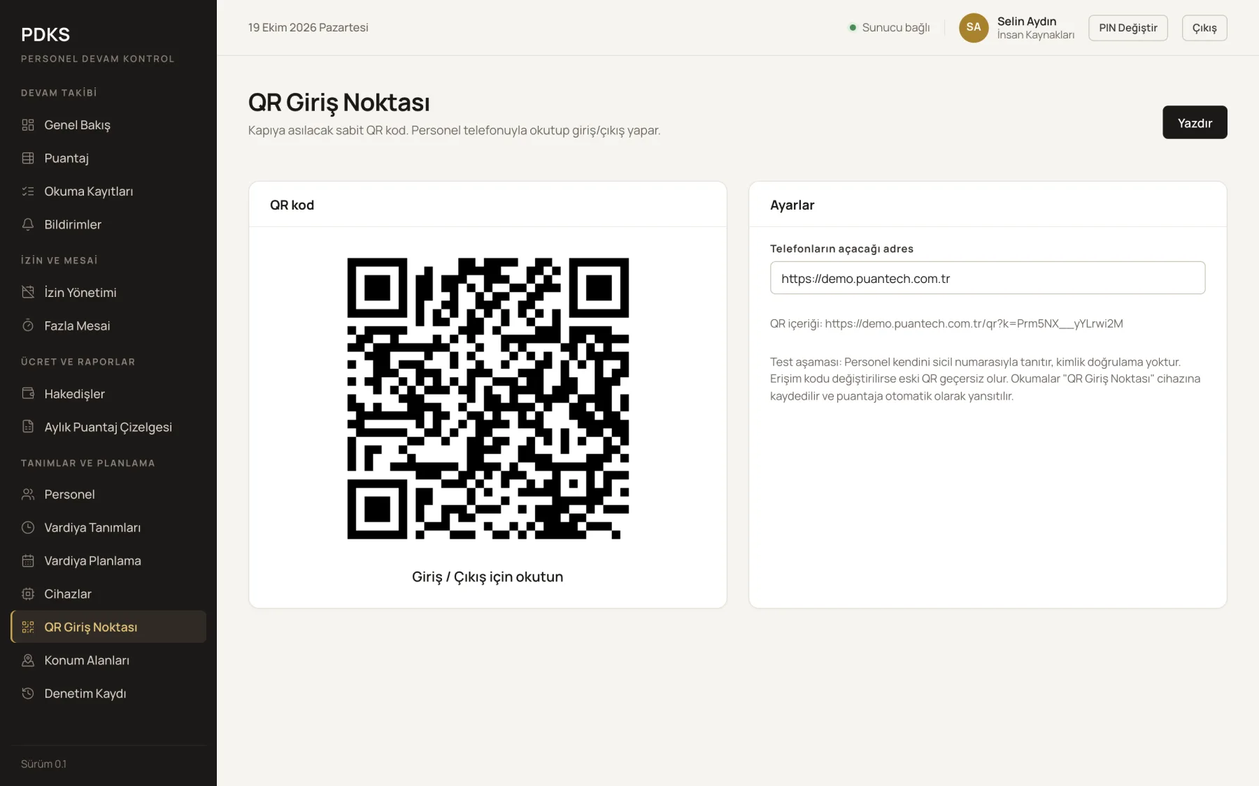 QR giriş noktası ekranı: kapıya asılacak giriş-çıkış QR kodu
